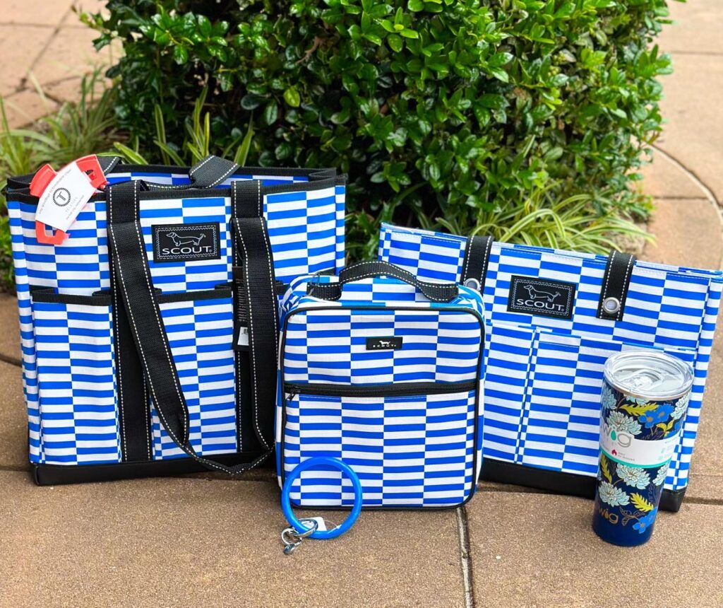 Scout tote bags in white and blue stripe from Green Front Furniture