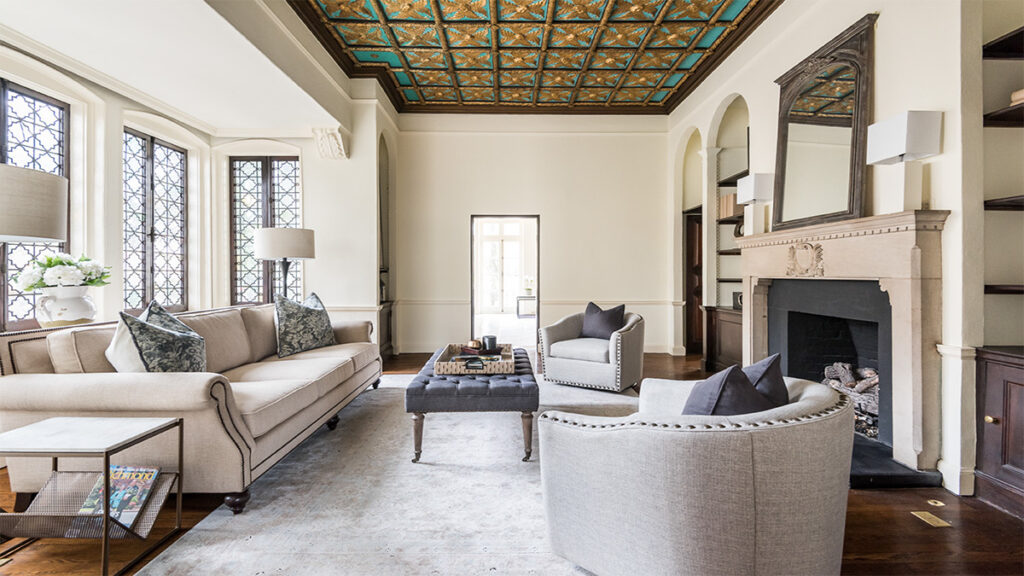 Green Front interiors project ceiling design, grey upholstered chairs, traditional furniture