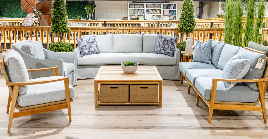 wooden outdoor furniture set, coastal design sofa and coffee table