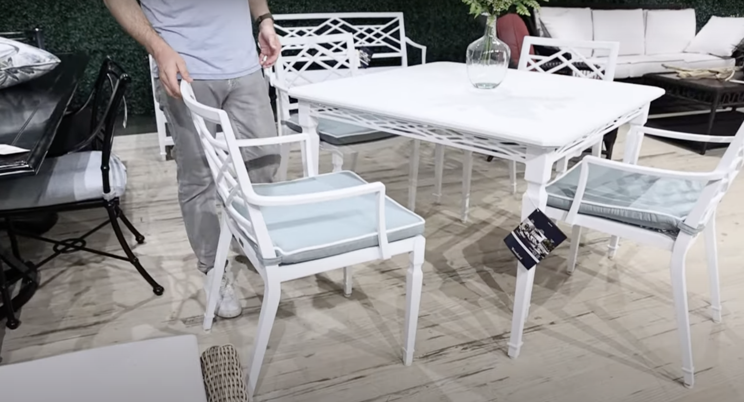 Italian-inspired outdoor furniture, white dining set from Alexa Hampton & Woodard outdoor furniture