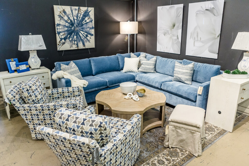 Blue velvet sofa and patterned arm chairs, midcentury modern furniture at Green Front Furniture