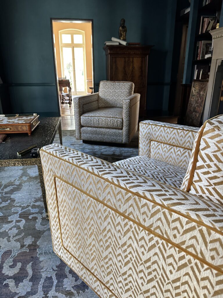 patterned modern furniture, two matching arm chairs